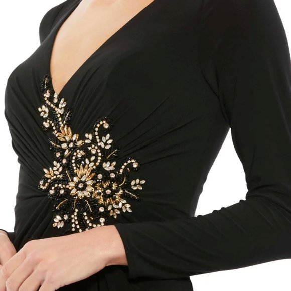 MAC DUGGAL 67848 FAUX WRAP LONG SLEEVE APPLIQUE DETAIL BLACK GOWN sz 10 - Picture 3 of 7